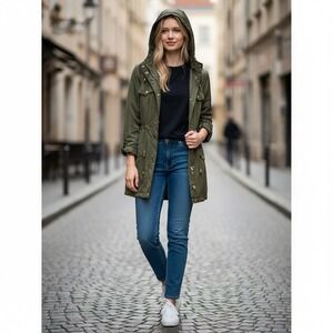 Outer Edge Womens Olive Green Utility Anorak Hooded Jacket Gold Hardware Large